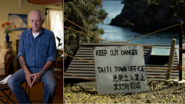 《血色海灣》（The Cove）紀錄瑞克·歐貝瑞（Ric O'Barry）帶領團隊前往日本太地町，嘗試揭露當地獵殺海豚的過程，歐貝瑞曾經是一名海豚訓練師。   取自IMDb
