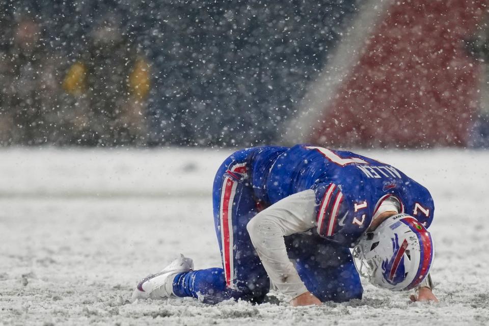 Buffalo Bills quarterback Josh Allen (17) reacts after being sacked by the Cincinnati Bengals during the fourth quarter of an NFL division round football game, Sunday, Jan. 22, 2023, in Orchard Park, N.Y. (AP Photo/Seth Wenig)