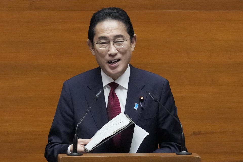 Japan's Prime Minister Fumio Kishida delivers his speech at the House of Representative in Quezon city, Philippines on Saturday, Nov. 4, 2023. The leaders of Japan and the Philippines agreed Friday to start negotiations for a key defense pact that would allow their troops to enter each other's territory for joint military exercises. (AP Photo/Aaron Favila, Pool)