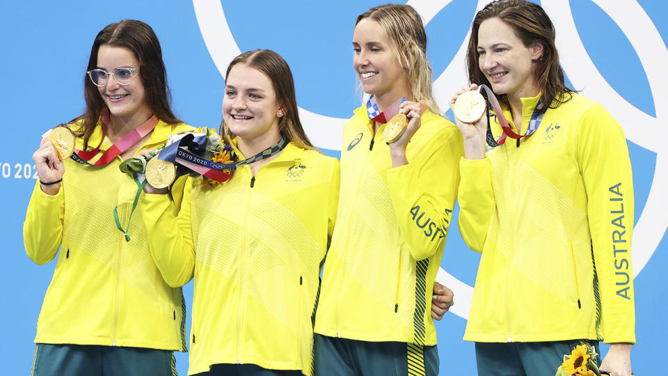 Kaylee McKeown, Chelsea Hodges, Emma McKeon and Cate Campbell, pictured here after winning the 4x100m medley relay.