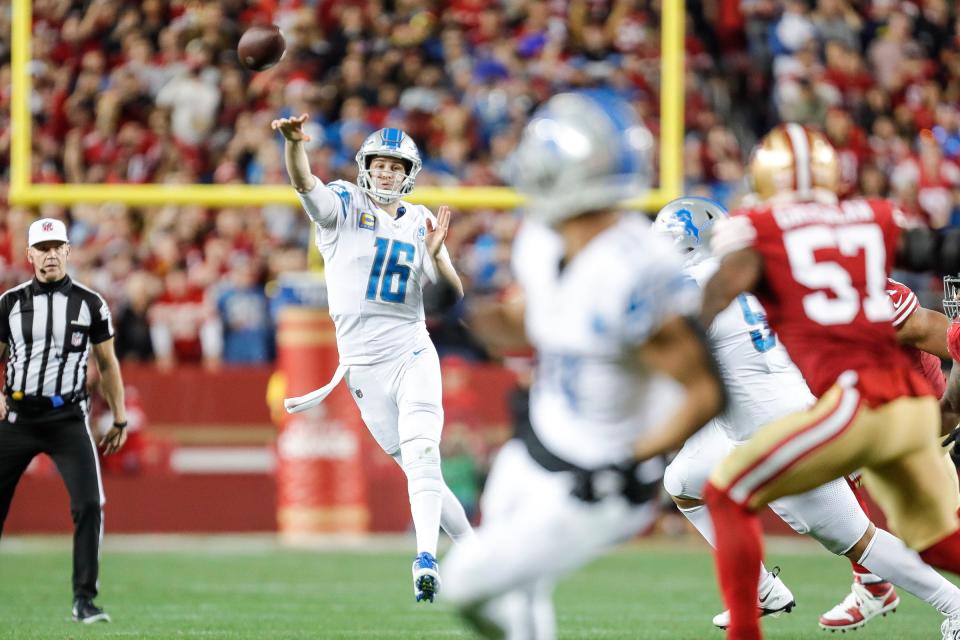 Lions quarterback Jared Goff makes a pass towards wide receiver Amon-Ra St. Brown against the 49ers during the second half of the Lions' 34-31 loss in the NFC championship game in Santa Clara, California, on Sunday, Jan. 28, 2024.