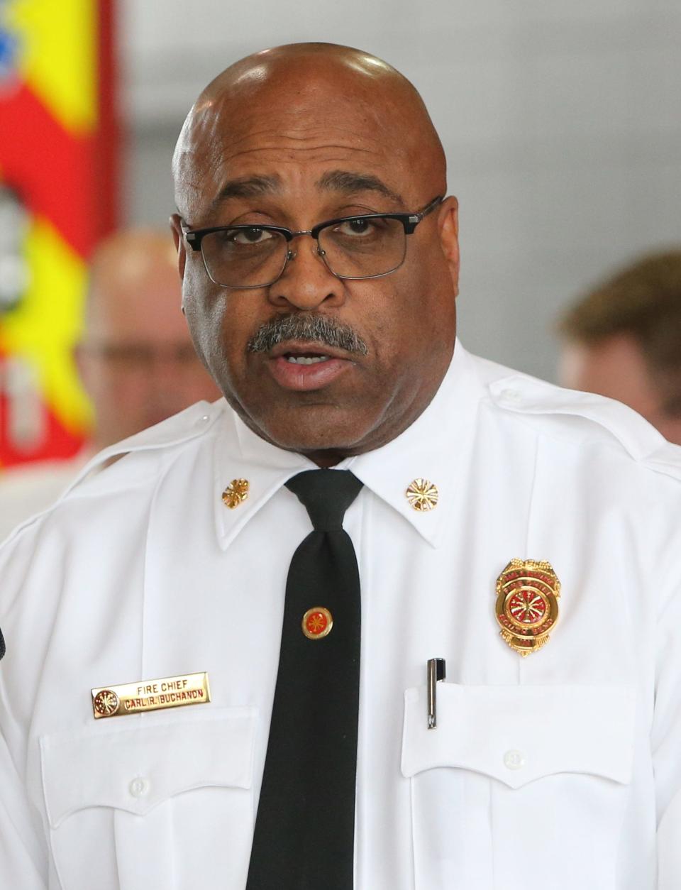 South Bend Fire Chief Carl Buchanon speaks at a news conference Monday, Jan. 22, 2024, at the South Bend Central Fire Station about Sunday’s fatal house fire on LaPorte Avenue where five children died.