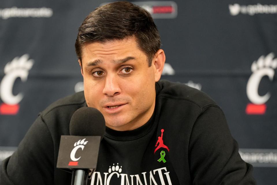 University of Cincinnati Bearcats basketball head coach Wes Miller gives a preseason press conference at Fifth Third Arena in Cincinnati on Tuesday, Oct. 3, 2023.