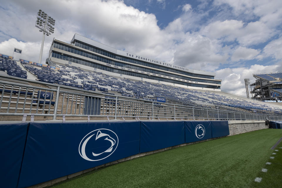 FILE -This Sept. 7, 2019, file photo, shows Beaver Stadium before an NCAA college football game between Penn State and Buffalo in State College, Pa. A football player who transferred from Penn State claims in a lawsuit filed Monday, Jan. 13, 2020, against the university, and head coach James Franklin, that other Nittany Lions players hazed him and other younger teammates, including allegations they imitated sexual acts in the shower and invoked Jerry Sandusky's name (AP Photo/Barry Reeger, File)