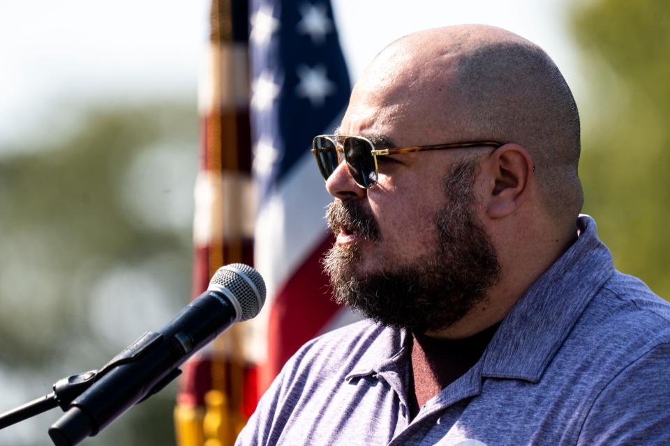 Ryan Melton, Democratic candidate for Iowa's 4th District, speaks during the 2023 Polk County Steak Fry at Water Works Park on Saturday, September 30, 2023 in Des Moines.