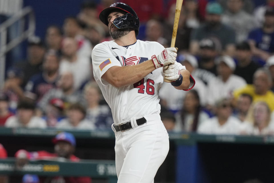 U.S. 's Paul Goldschmidt (46) hits a two-run home run during the first inning of a World Baseball Classic game against Cuba, Sunday, March 19, 2023, in Miami. (AP Photo/Marta Lavandier)