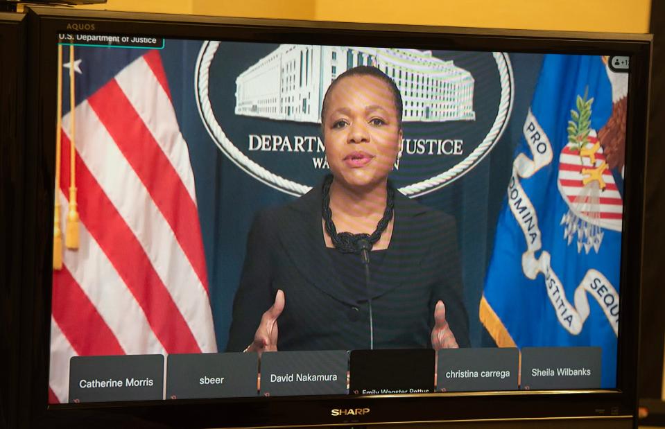Attending via Webex, U.S. Assistant Attorney General for Civil Rights Kristen Clarke remarks during a news conference announcing six former law enforcement officers have pleaded guilty to charges related to the beating and sexual assault of two Black men. The news conference followed court hearings at the Thad Cochran United States Courthouse in Jackson, Miss., Thursday, Aug. 3, 2023.