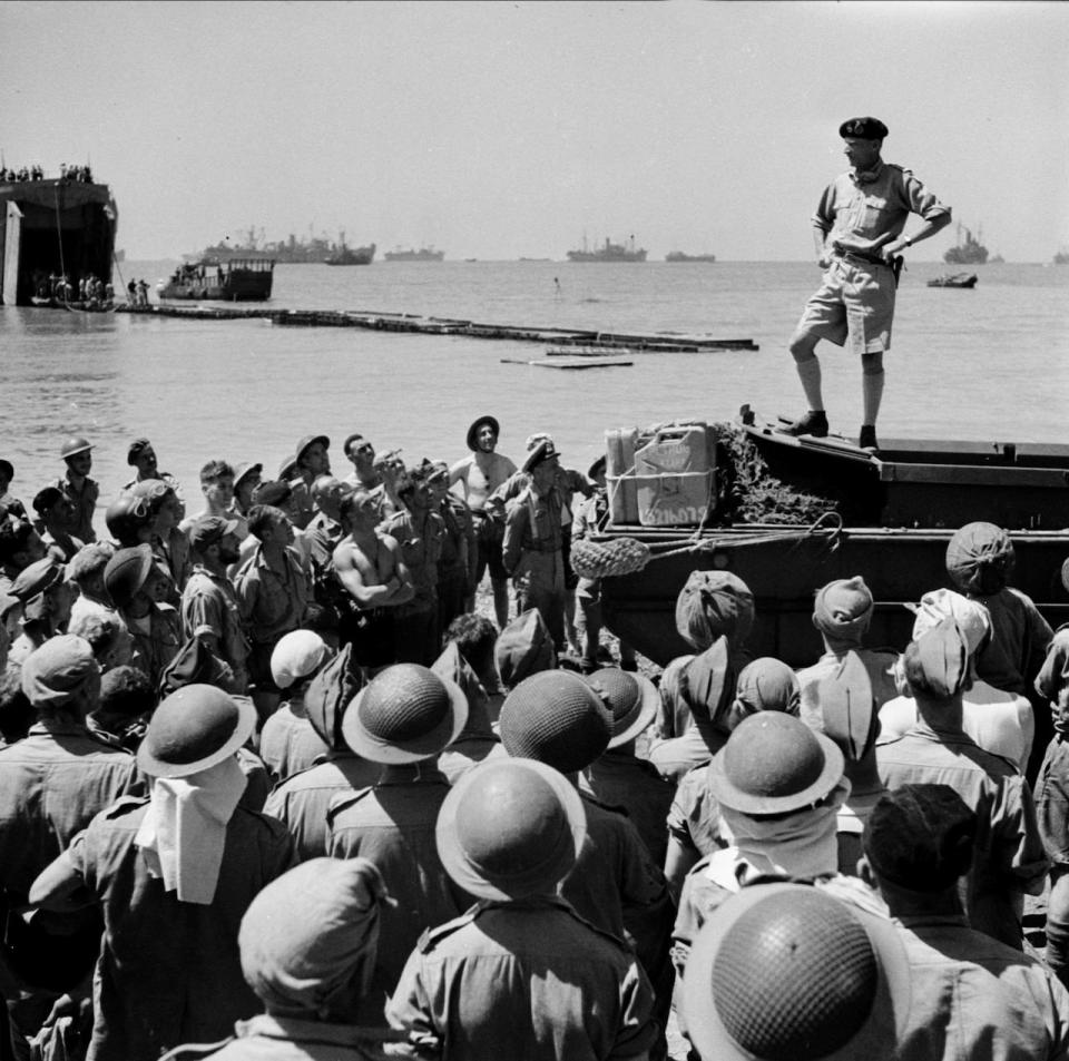 Gen. Bernard Montgomery, standing on a 'duck,' speaks to Canadian troops in Pachino, Italy, on July 11, 1943. The Italian Campaign started on July 10, 1943, in the Sicilian region and ran until Aug. 6. The fighting then moved to mainland Italy beginning Sept. 3.