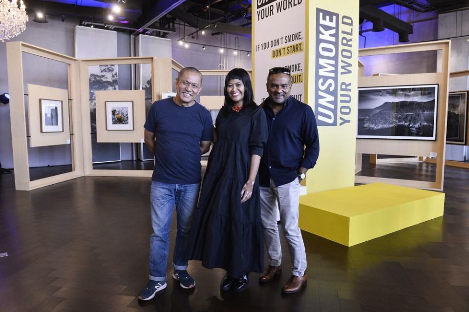 (From left) Lok, Nadirah Zakariya, and SC Shekar at the ‘Unsmoke: Through the Lenses of Malaysians’ exhibition at Colony, Star Boulevard in Kuala Lumpur. — Picture by Miera Zulyana