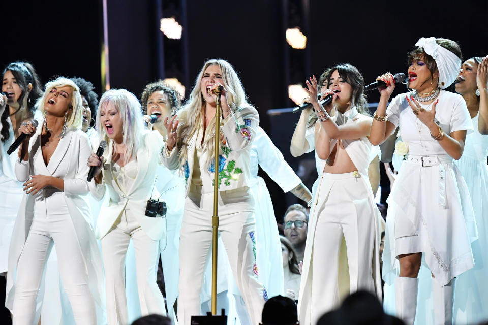 Kesha performed the song “Praying” with Cyndi Lauper, Camila Cabello, and others at the Grammy Awards. (Photo: Getty Images)