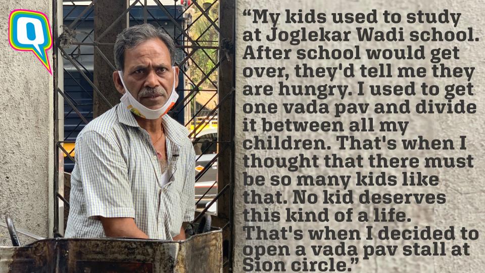 Satish Gupta sells vada pav to kids in school uniform for 5 rupees.