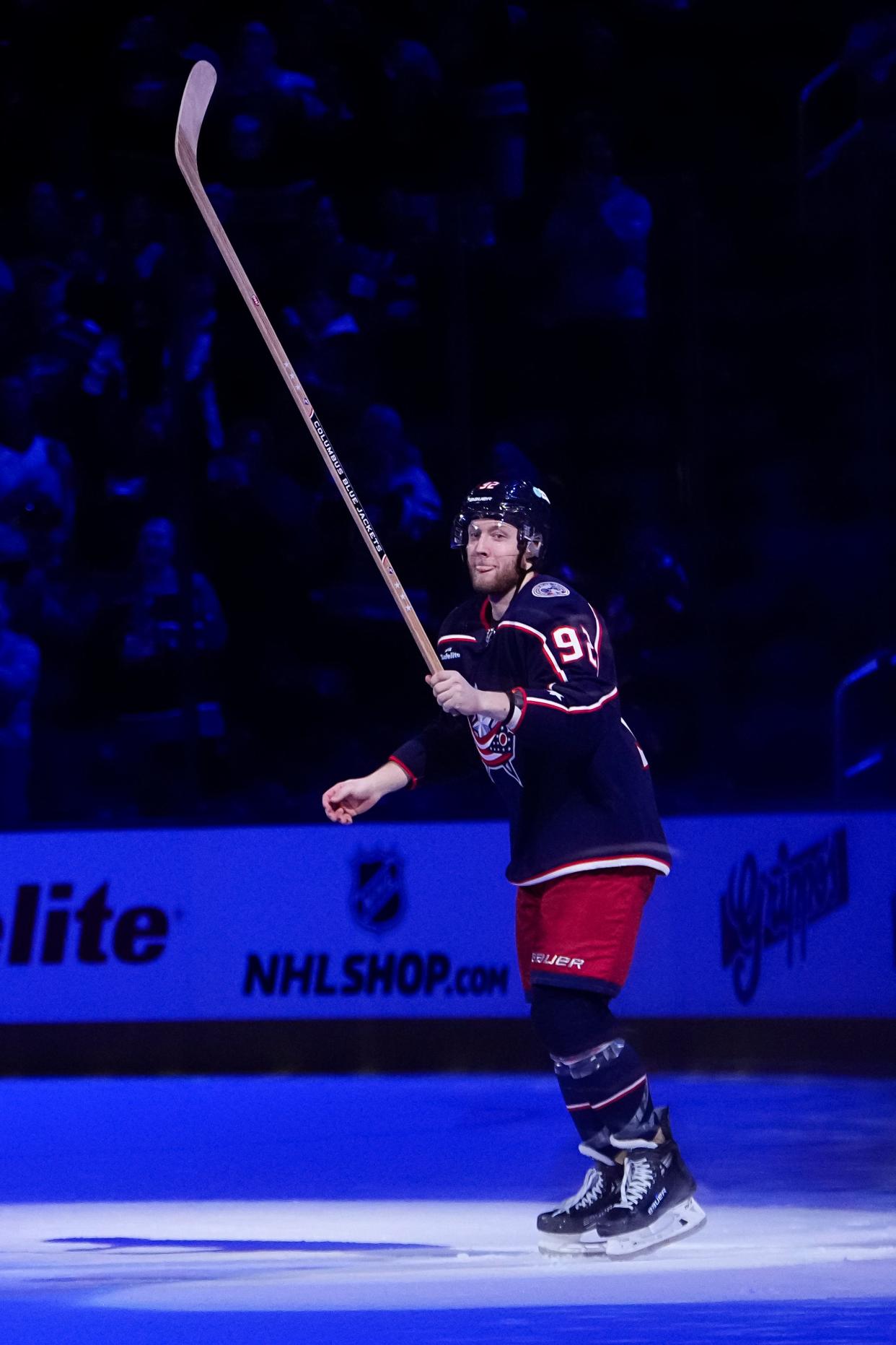 Mar 4, 2024; Columbus, Ohio, USA; After scoring three goals, Columbus Blue Jackets left wing Alexander Nylander (92) is named the game’s first star following the NHL hockey game against the Vegas Golden Knights at Nationwide Arena. The Blue Jackets won 6-3.