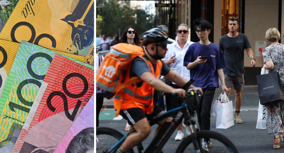 Composite image of Australian money and workers walking in the city. Pay concept.