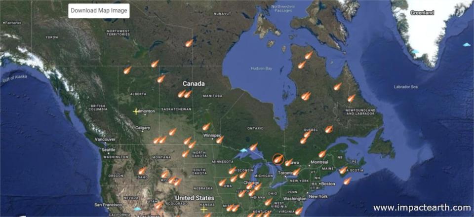 An interactive map created by Gordon Osinski and Impact Earth has mapped out impact craters and deposits around the world. 