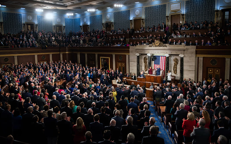 President Biden gives his State of the Union address during a joint session of Congress on Feb. 7. <em>Annabelle Gordon</em>