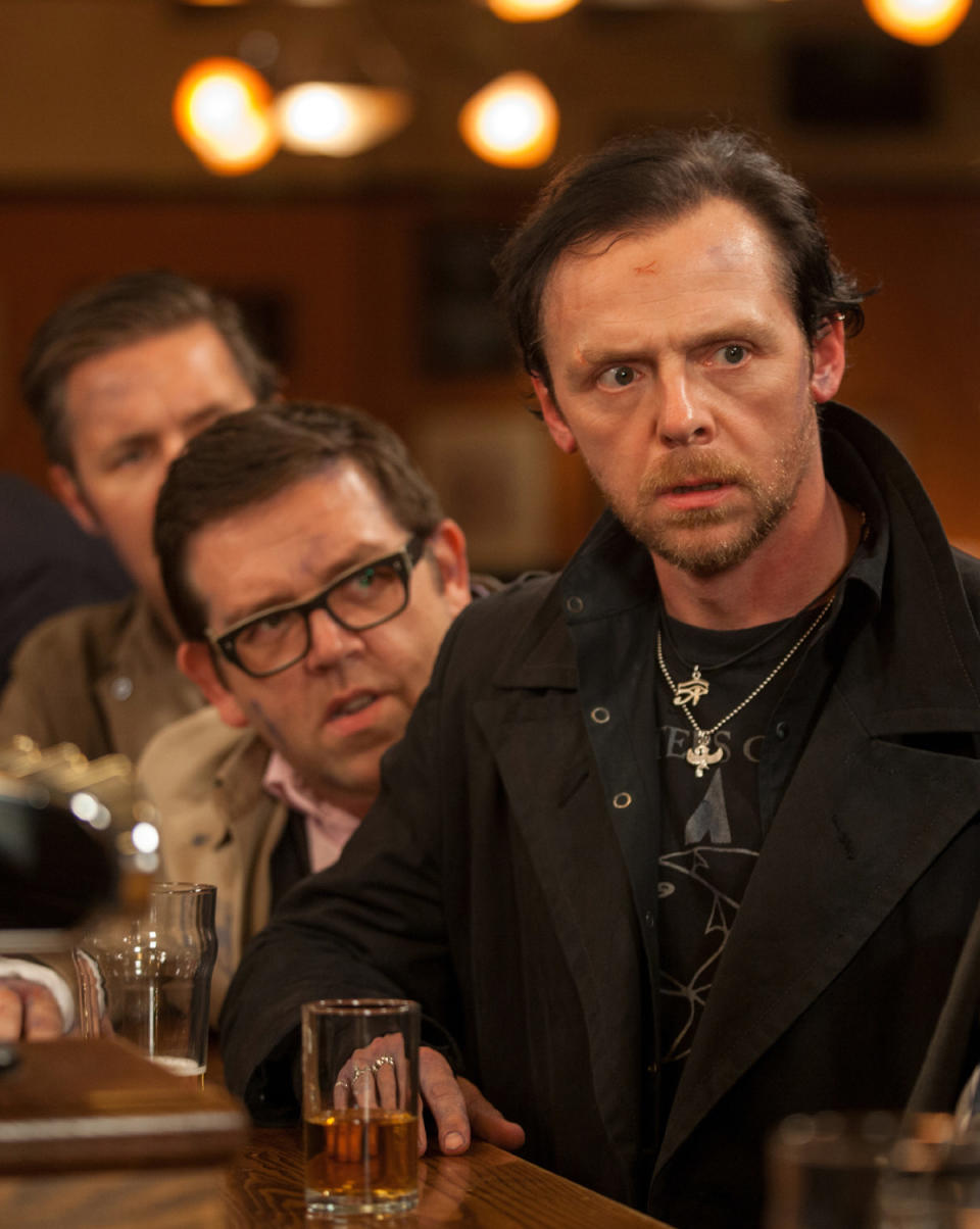 This film publicity image released by Focus Features shows Simon Pegg, right, and Nick Frost in a scene from "The World's End." (AP Photo/Focus Features, Laurie Sparham)