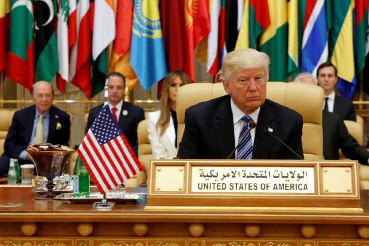 President Trump takes his seat before his speech to the Arab Islamic American Summit in Riyadh, Saudi Arabia. 