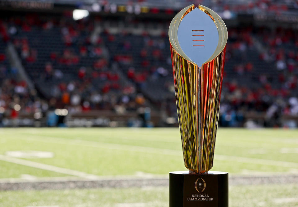 A general view of the National Championship trophy on October 16, 2021. / Credit: Dylan Buell / Getty