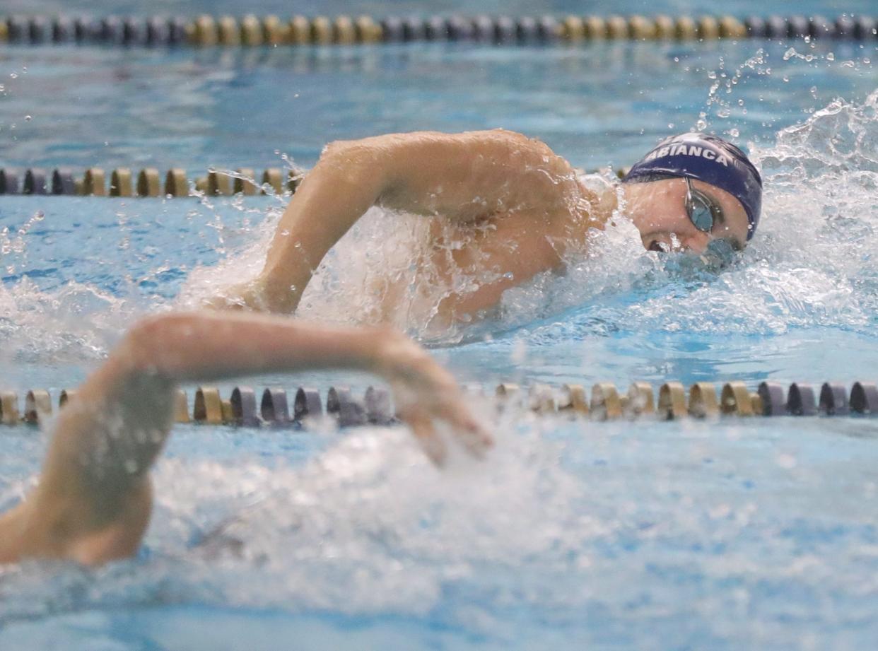 Hudson's Vittorio Cappabianca on his way to a first place finish in the 200 yard freestyle in the Suburban League National Conference Championships on Saturday, Jan. 7, 2023 in Akron, Ohio, at Ocasek Natatorium.