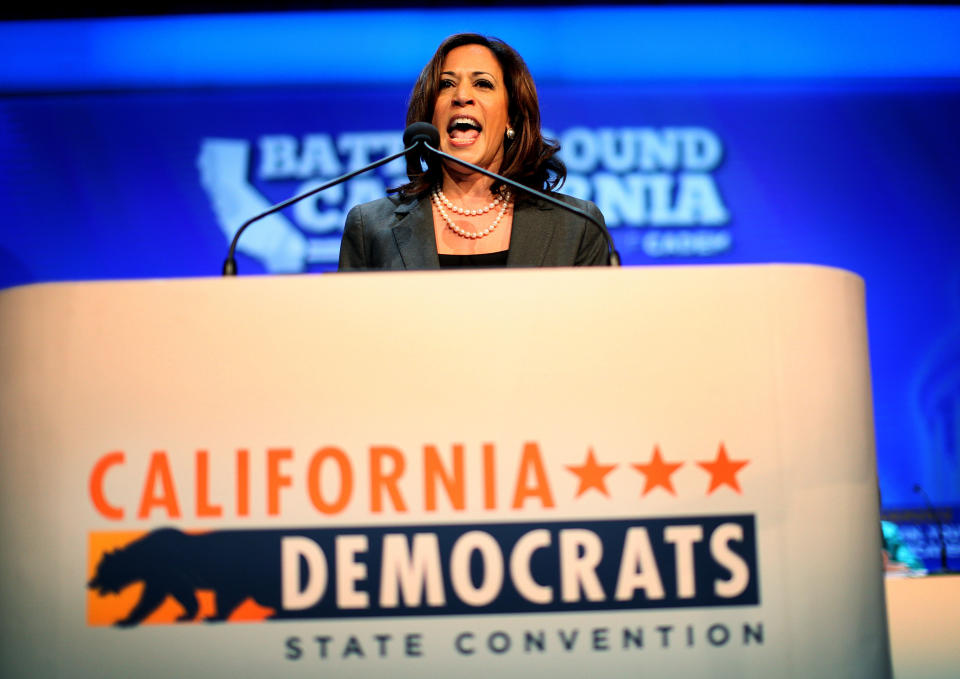 California Attorney General Kamala D. Harris speaks at the California Democrats State Convention in San Diego, CA on Saturday, February 11, 2012 in San Diego, CA. Harris has helped Californian homeowners by lobbying for a large share of federal funds to help with the massive foreclosure crisis in the state. (Photo by Sandy Huffaker/Corbis via Getty Images)