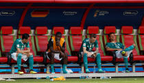 <p>Germany’s Mesut Ozil, Antonio Rudiger, Marco Reus and Thomas Muller look dejected after the match as they go out of the World Cup. REUTERS/John Sibley </p>