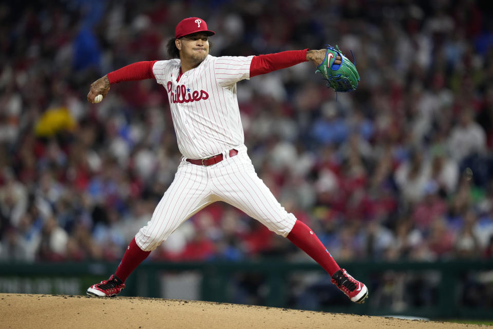 Philadelphia Phillies' Taijuan Walker pitches during the second inning of a baseball game against the New York Mets, Friday, Sept. 22, 2023, in Philadelphia. (AP Photo/Matt Slocum)