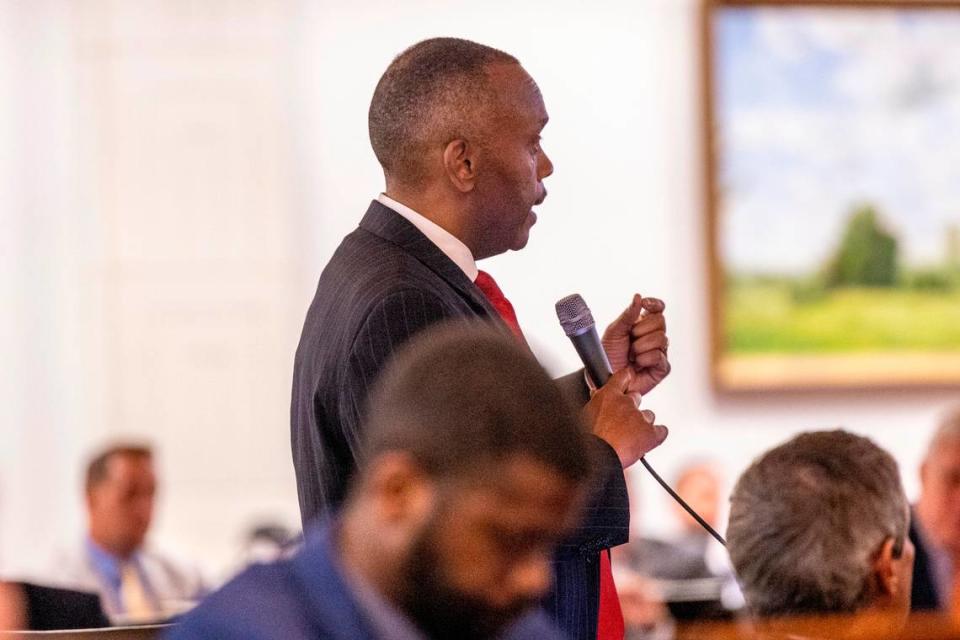 Rep. Robert Reives, a Chatham and Randolph County Democrat debates an abortion restriction bill on the House floor Wednesday, May 3, 2023 at the State Legislature Building. The House passed the bill.