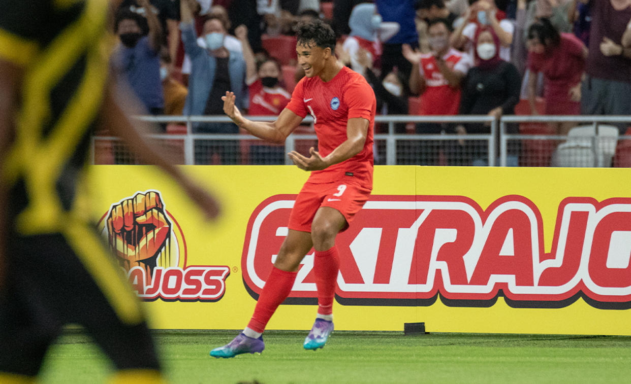 Singapore striker Ikhsan Fandi celebrates scoring against Malaysia in their FAS Tri-Nations Series match at National Stadium. (PHOTO: Football Association of Singapore)