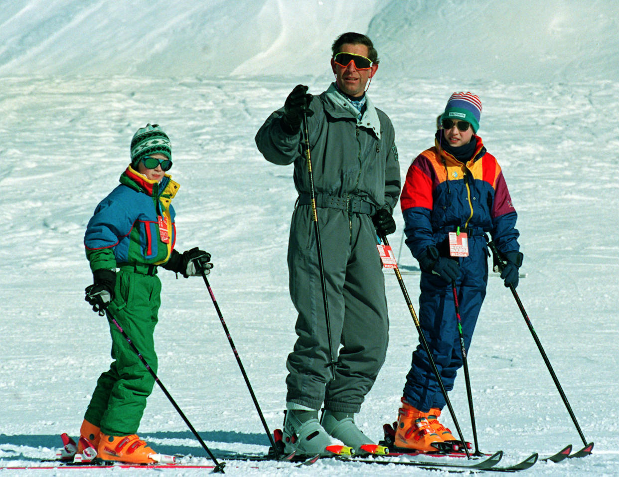 Prince of Wales on the slopes in Klosters, Switzerland, where he is on a skiing holiday with his sons Princes William (r) and Harry.