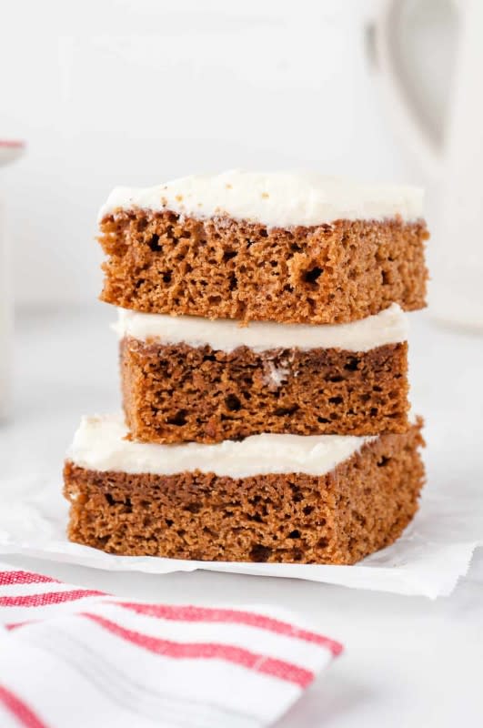 <p>The Seaside Baker</p><p>Let all the best flavors of the holidays fill your senses with these Frosted Gingerbread Cookie Bars. That classic, spicy flavor wrapped in a soft cake-like dessert, and topped with a rich buttercream frosting.</p><p><strong>Get the recipe: <a href="https://theseasidebaker.com/frosted-gingerbread-cookie-bars/" rel="nofollow noopener" target="_blank" data-ylk="slk:Frosted Gingerbread Cookie Bars;elm:context_link;itc:0;sec:content-canvas" class="link rapid-noclick-resp">Frosted Gingerbread Cookie Bars</a></strong></p>