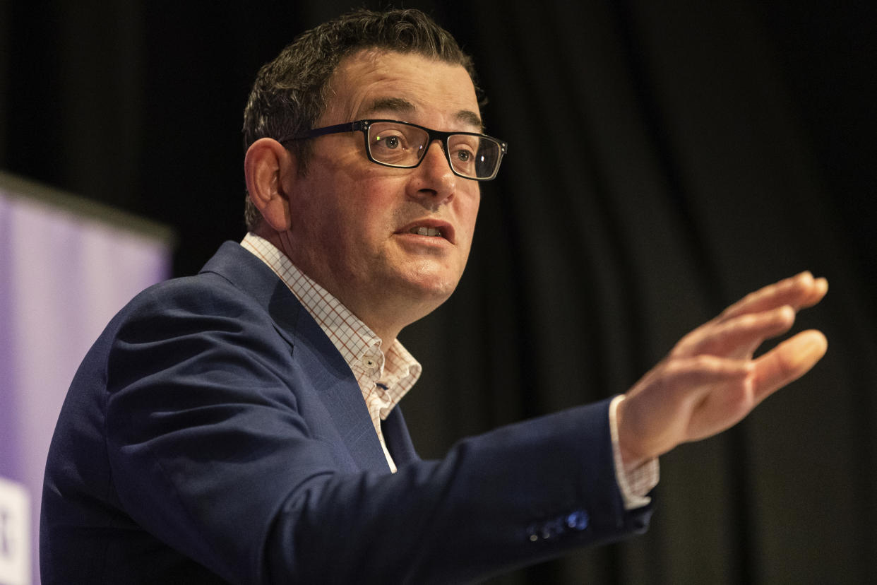 Premier of Victoria Daniel Andrews speaks during a news conference Wednesday, Aug. 5, 2020. Victoria state, Australia's coronavirus hot spot, announced on Monday that businesses will be closed and scaled down in a bid to curb the spread of the virus. (AP Photo/Asanka Brendon Ratnayake)