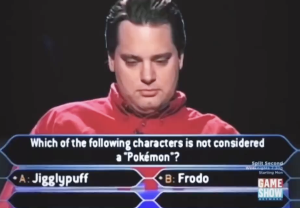 Contestant on a game show pondering a question about whether Jigglypuff or Frodo is the non-Pokémon character