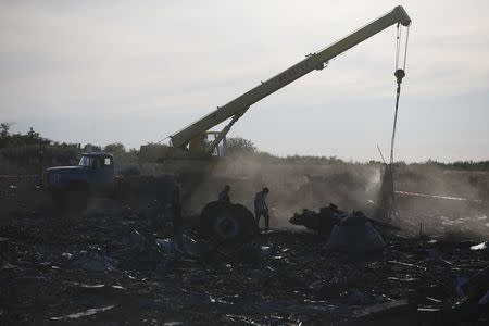 Members of the Ukrainian Emergencies Ministry and a crane operator work at the crash site of Malaysia Airlines Flight MH17, near the village of Hrabove, Donetsk region, July 20, 2014. REUTERS/Maxim Zmeyev