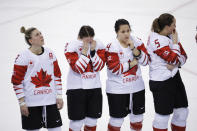 <p>Members of team Canada react after losing to the United States in the women’s gold medal hockey game at the 2018 Winter Olympics in Gangneung, South Korea, Thursday, Feb. 22, 2018. (AP Photo/Matt Slocum) </p>