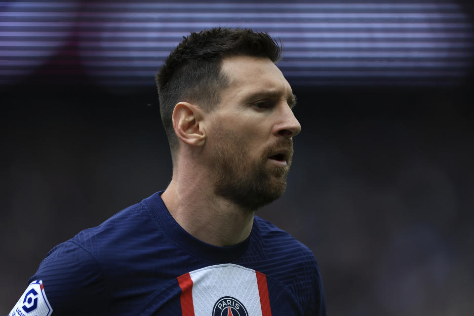 PSG's Lionel Messi reacts during the French League One soccer match between Paris Saint-Germain and Lorient, at the Parc des Princes stadium in Paris, Sunday, April 30, 2023. (AP Photo/Aurelien Morissard)