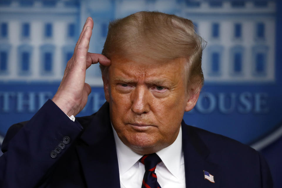 President Donald Trump speaks during a briefing with reporters in the James Brady Press Briefing Room of the White House, Tuesday, Aug. 4, 2020, in Washington.(AP Photo/Alex Brandon)