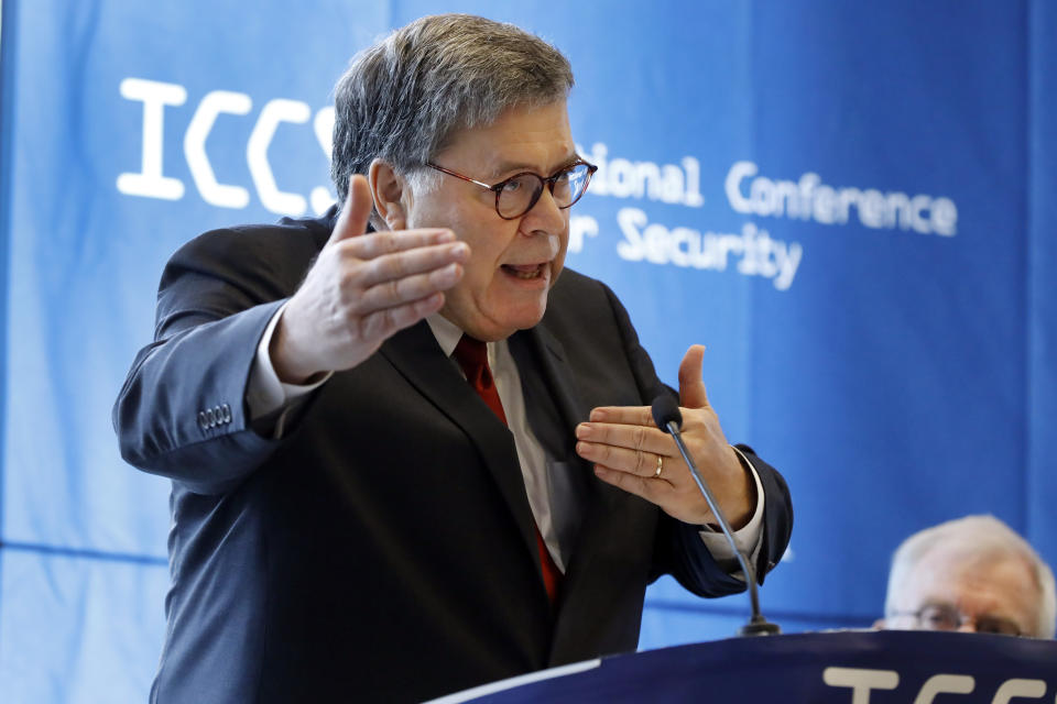 U.S. Attorney General William Barr addresses the International Conference on Cyber Security, hosted by the FBI and Fordham University, at Fordham University in New York, Tuesday, July 23, 2019. (AP Photo/Richard Drew)