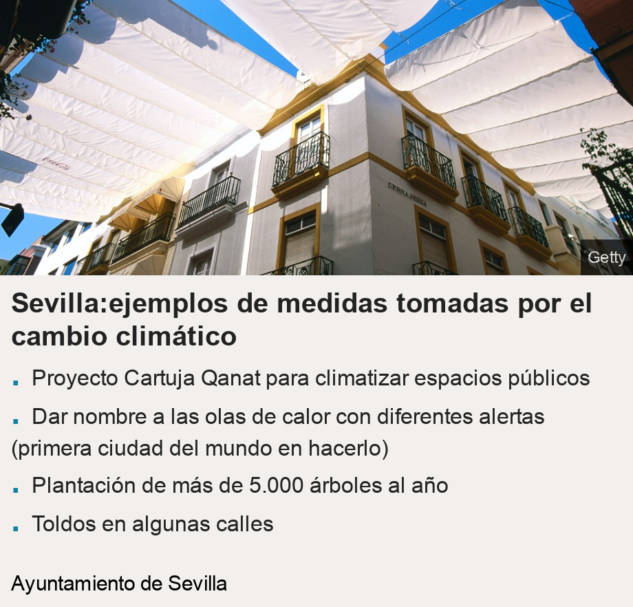 Sevilla:ejemplos de medidas tomadas por el cambio climático.   [  . Proyecto Cartuja Qanat para climatizar espacios públicos ],[  . Dar nombre a las olas de calor con diferentes alertas (primera ciudad del mundo en hacerlo) ],[ . Plantación de más de 5.000 árboles al año ],[ . Toldos en algunas calles ], Source: Ayuntamiento de Sevilla, Image: 