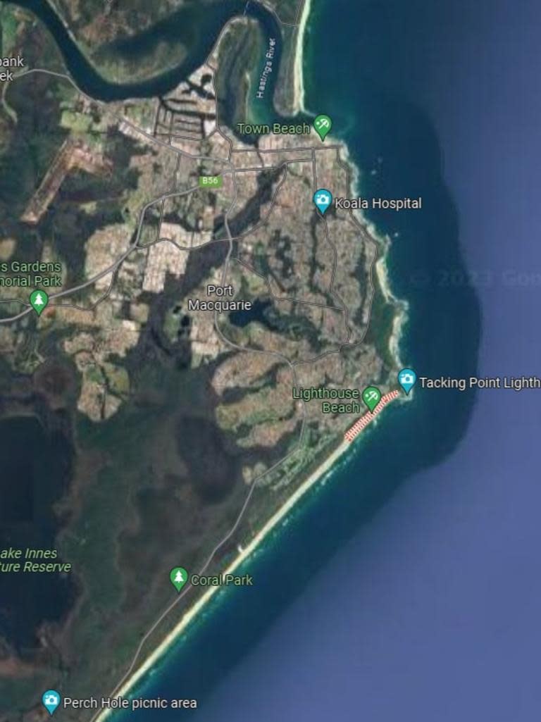 The man, believed to be aged in his 40s, was at Lighthouse Beach, south of Port Macquarie, when he was reportedly bitten by a shark. Picture: Google