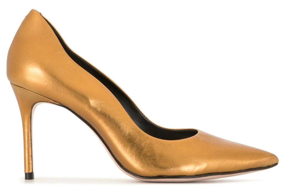 gold heels, pumps, schutz