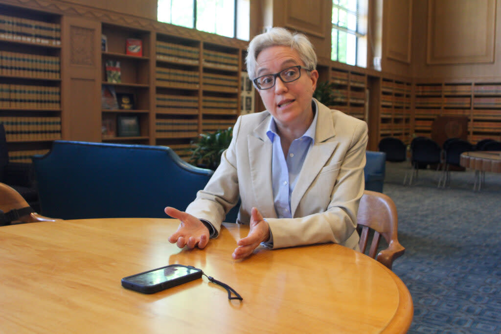 Gov. Tina Kotek talks to the Oregon Capital Chronicle in the ceremonial office of the state library in Salem on May 17, 2023. (Michael Romanos/Oregon Capital Chronicle)
