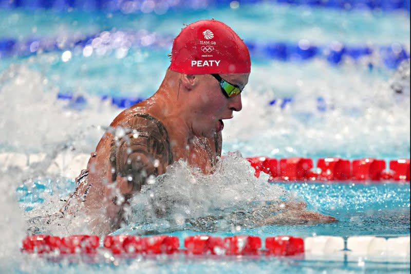 Adam Peaty of Team UK swims in the men's 100-meter breaststroke heat 4 during the Paris 2024 Olympic Games at La Defense Arena on July 27,. Photo by Richard Ellis/UPI