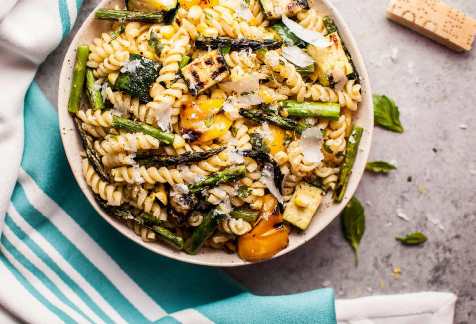 <p> Zucchini, asparagus, corn, and yellow bell peppers are grilled to perfection and tossed with a fresh, lemony dressing.</p><p><strong>Recipe here: </strong><strong><a href="http://www.saltandlavender.com/grilled-summer-vegetable-pasta-salad/" rel="nofollow noopener" target="_blank" data-ylk="slk:Grilled Summer Vegetable Pasta Salad;elm:context_link;itc:0;sec:content-canvas" class="link ">Grilled Summer Vegetable Pasta Salad</a></strong></p>