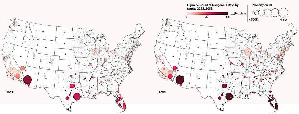 us map covered in circles of different sizes and colors to show how many people are impacted by how many days of dangerous heat