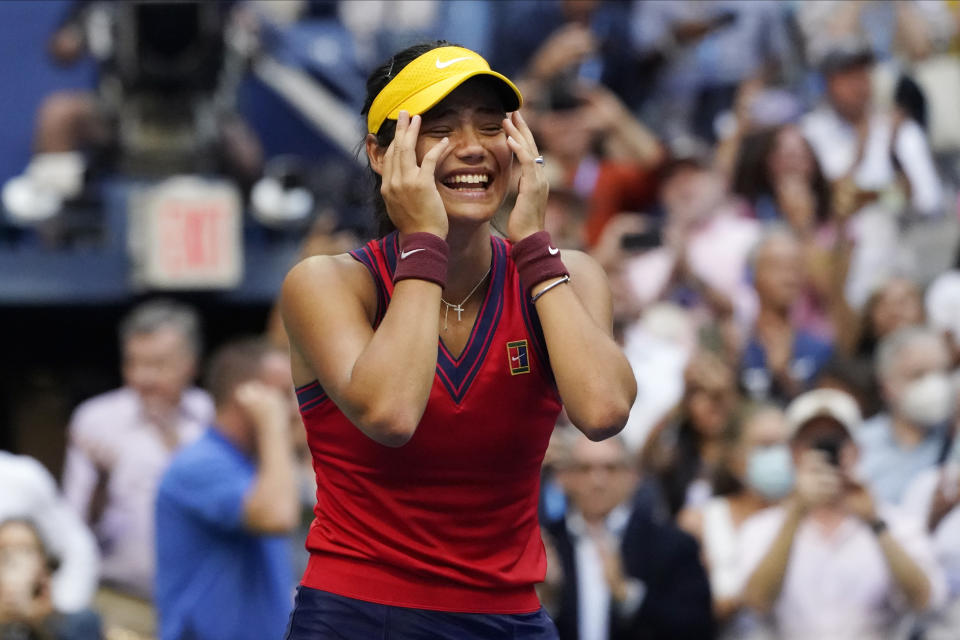 Emma Raducanu, of Britain, reacts after defeating Leylah Fernandez, of Canada, during the women's singles final of the US Open tennis championships, Saturday, Sept. 11, 2021, in New York. (AP Photo/Elise Amendola)