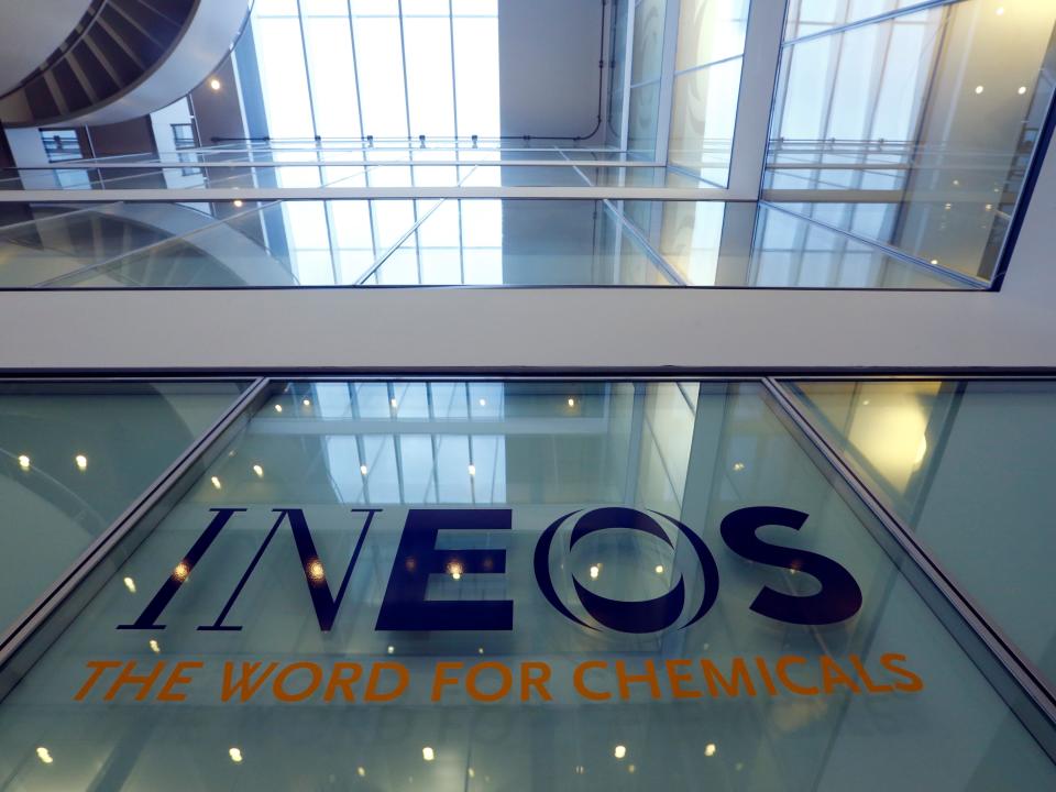 FILE PHOTO: A logo is pictured in the headquarters of INEOS chemicals company in Rolle, Switzerland, November 13, 2017.   REUTERS/Denis Balibouse