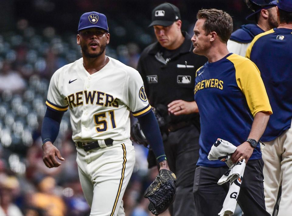 Brewers starting pitcher Freddy Peralta's timeline to return remains a bit unclear as he battles back from right shoulder issues.
