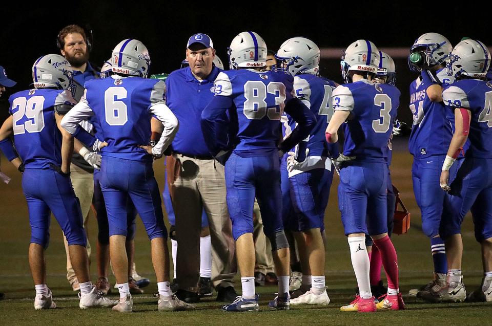 Braintree coach Brian Chamberlain talks with his players during a timeout near the end of the first half of a game against Weymouth on Friday, Oct. 22, 2021.