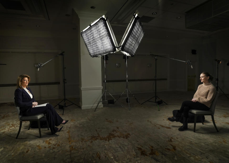 In this photo provided by CBS News, Norah O'Donnell, left, interviews Charlotte Bennett, a former aide to Gov. Andrew Cuomo, during CBS Evening News with Norah O'Donnell, Thursday March 4, 2021, in New York. Bennett, 25, is accusing Gov. Cuomo, 63, of sexual harassment. (Adam Verdugo/CBS News via AP)