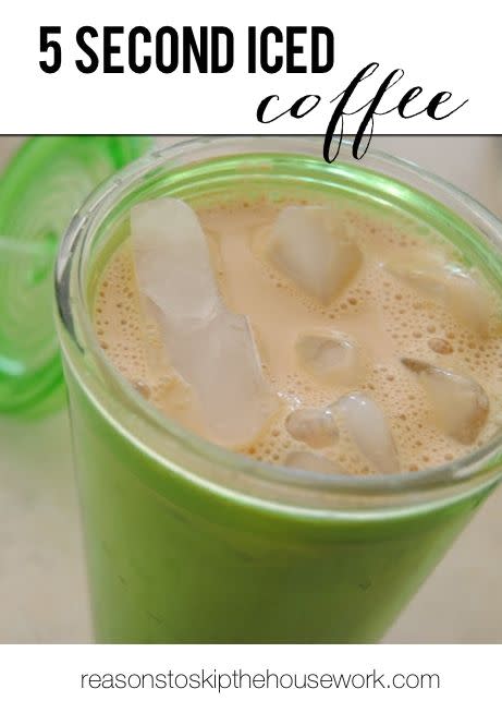 <p>All you need is instant coffee, flavored syrup, and half & half to make a cup of iced coffee in five seconds.</p><p>Get the tutorial from <a href="http://www.reasonstoskipthehousework.com/5-second-iced-coffee/#_a5y_p=1630208" rel="nofollow noopener" target="_blank" data-ylk="slk:Reasons to Skip the Housework;elm:context_link;itc:0;sec:content-canvas" class="link ">Reasons to Skip the Housework</a>.</p>